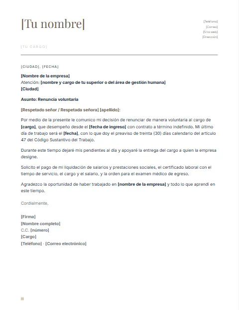 Carta de Renuncia en Colombia: diseño Nombre grande
