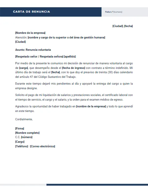 Carta de Renuncia en Colombia: diseño Encabezado partido