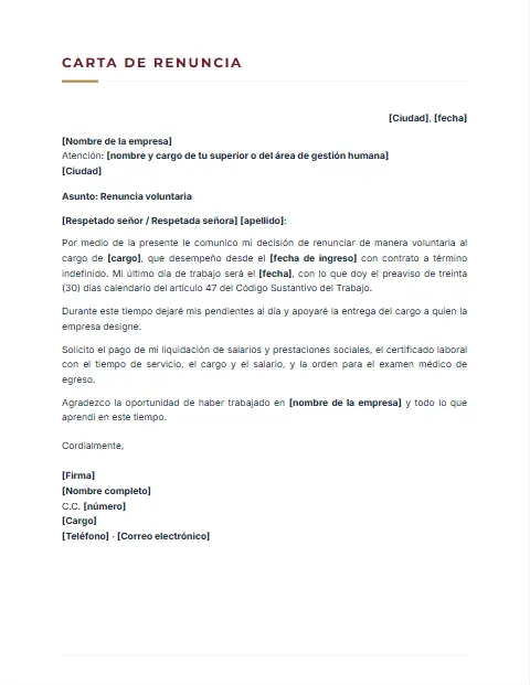 Carta de Renuncia en Colombia: diseño Sobrio