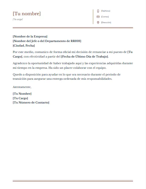 Formato de Carta de Renuncia: diseño Columnas