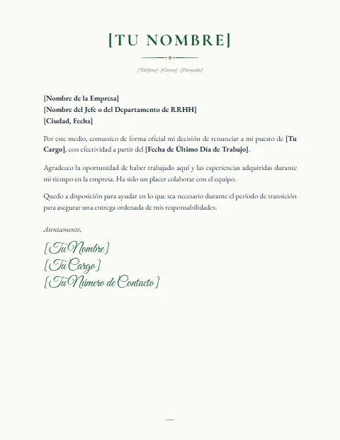 Formato de Carta de Renuncia: diseño Elegante