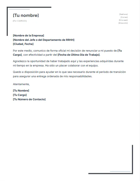 Formato de Carta de Renuncia: diseño Escuadras