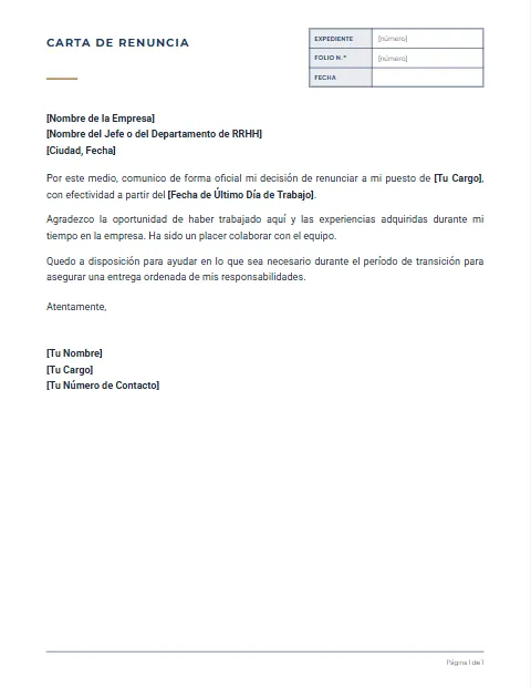 Formato de Carta de Renuncia: diseño Expediente