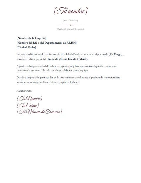 Formato de Carta de Renuncia: diseño Nombre en firma