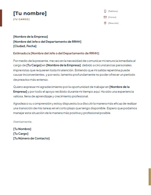 Carta de Renuncia Inmediata: diseño Acento lateral