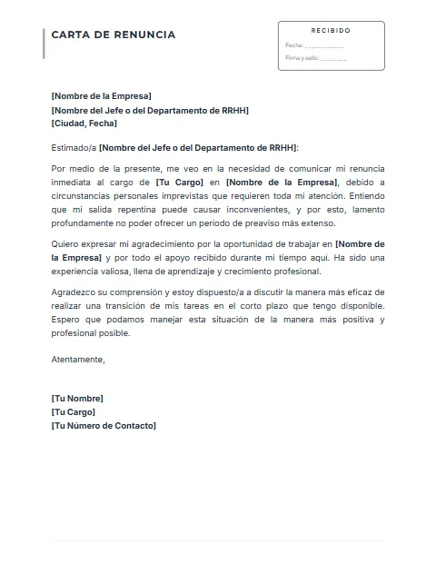 Carta de Renuncia Inmediata: diseño Con acuse