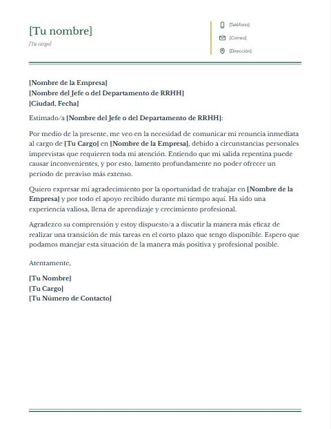 Carta de Renuncia Inmediata: diseño Columnas