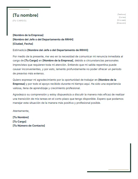 Formato de carta de renuncia inmediata para descargar en Word