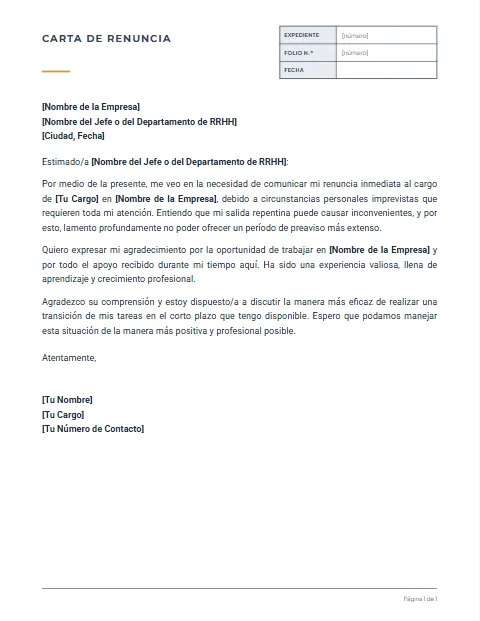 Carta de Renuncia Inmediata: diseño Expediente
