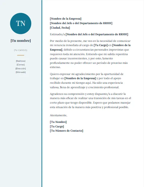 Carta de Renuncia Inmediata: diseño Lateral