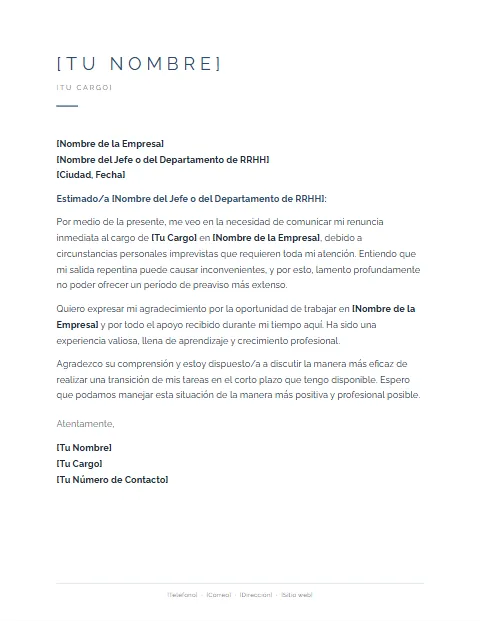 Carta de Renuncia Inmediata: diseño Minimalista