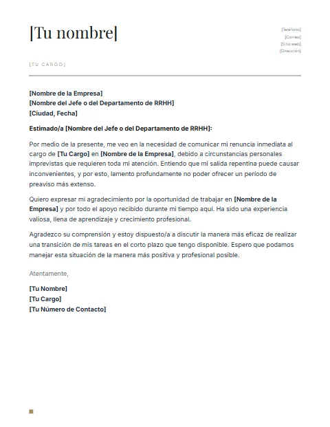 Carta de Renuncia Inmediata: diseño Nombre grande
