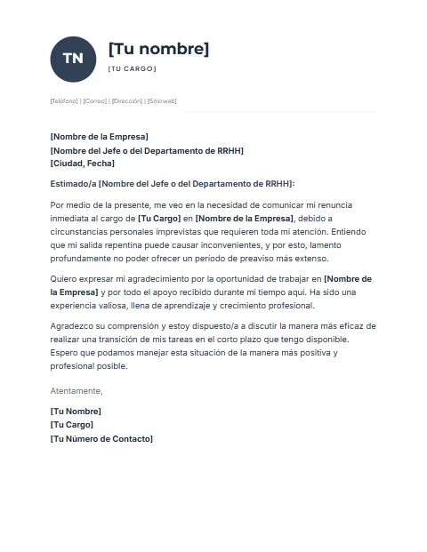 Carta de Renuncia Inmediata: diseño Perfil