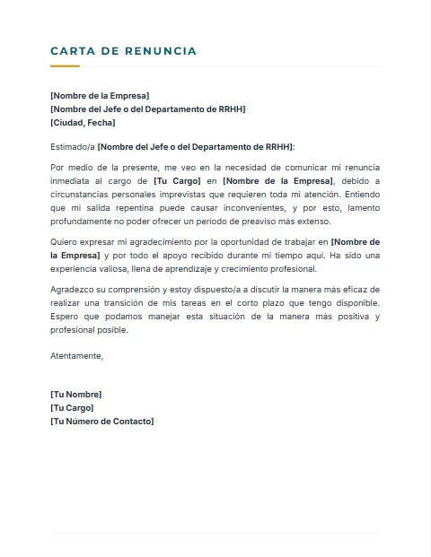 Carta de Renuncia Inmediata: diseño Sobrio