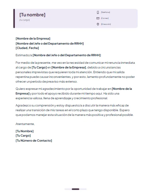 Carta de Renuncia Inmediata: diseño Tarjeta