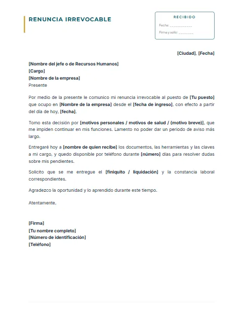 Carta de Renuncia Irrevocable: diseño Con acuse