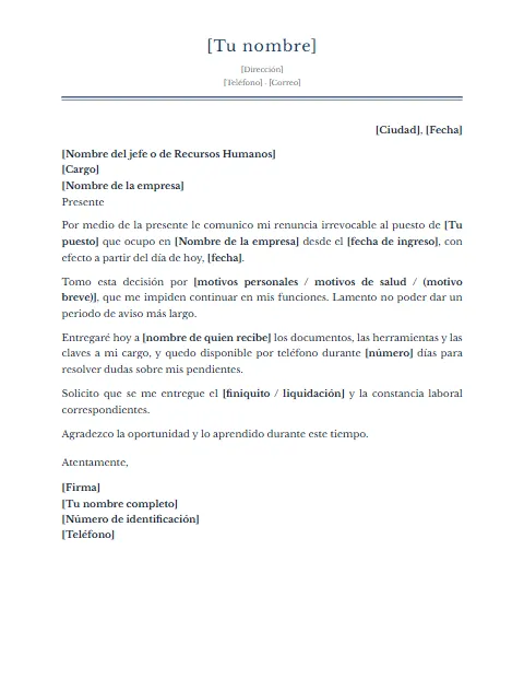 Carta de Renuncia Irrevocable: diseño Clásico