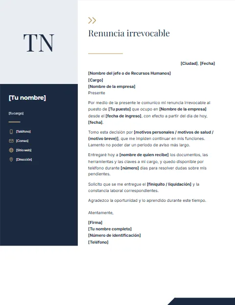 Carta de Renuncia Irrevocable: diseño Columna con foto