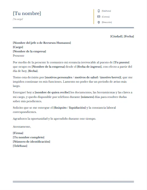 Carta de Renuncia Irrevocable: diseño Columnas