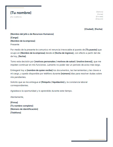 Carta de Renuncia Irrevocable: diseño Escuadras