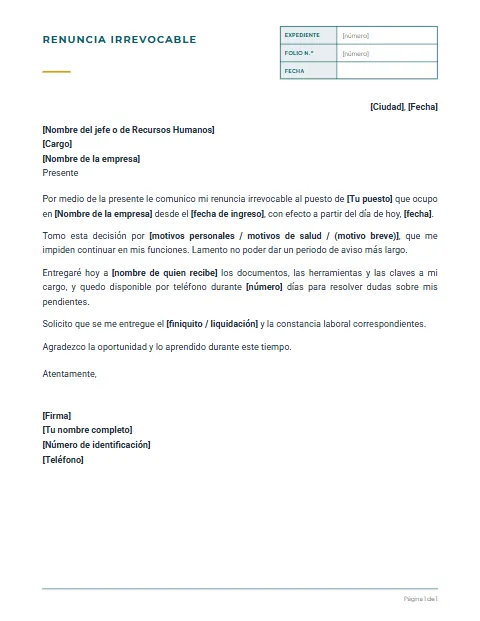 Carta de Renuncia Irrevocable: diseño Expediente