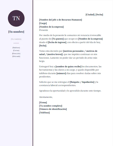 Carta de Renuncia Irrevocable: diseño Lateral