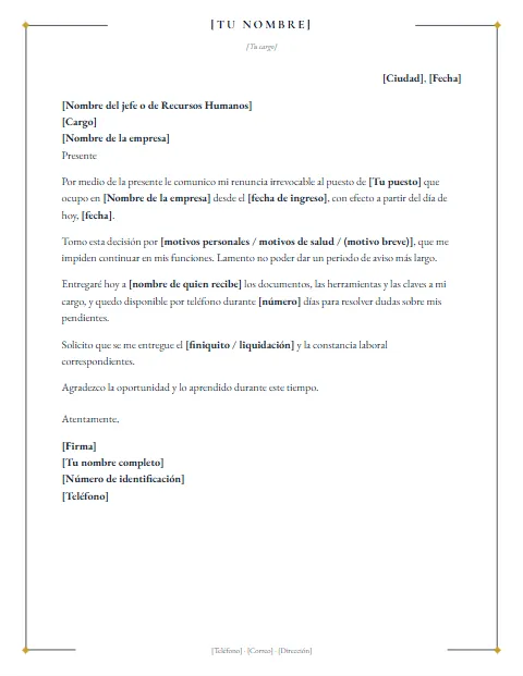 Carta de Renuncia Irrevocable: diseño Marco fino