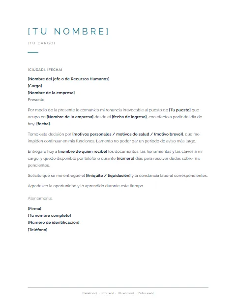 Carta de Renuncia Irrevocable: diseño Minimalista