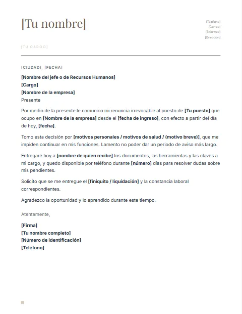 Carta de Renuncia Irrevocable: diseño Nombre grande