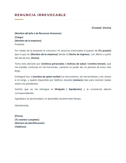 Carta de Renuncia Irrevocable: diseño Sobrio