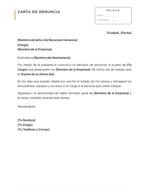 Carta de Renuncia Laboral: diseño Con acuse