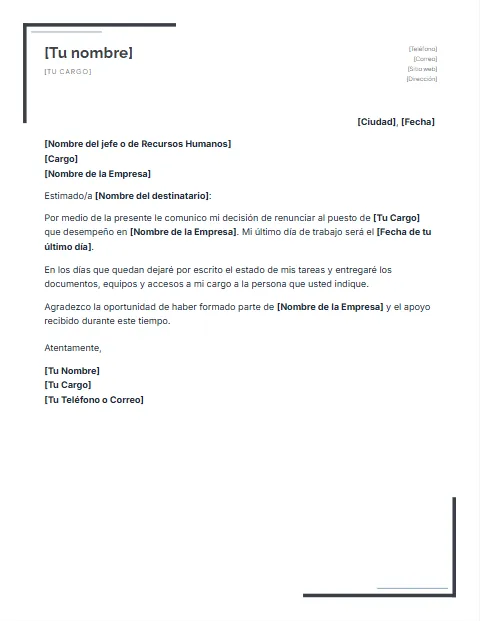 Carta de Renuncia Laboral: diseño Escuadras