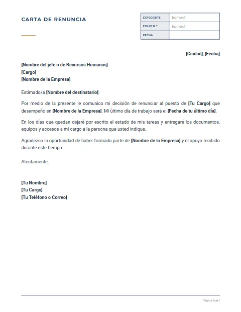 Carta de Renuncia Laboral: diseño Expediente