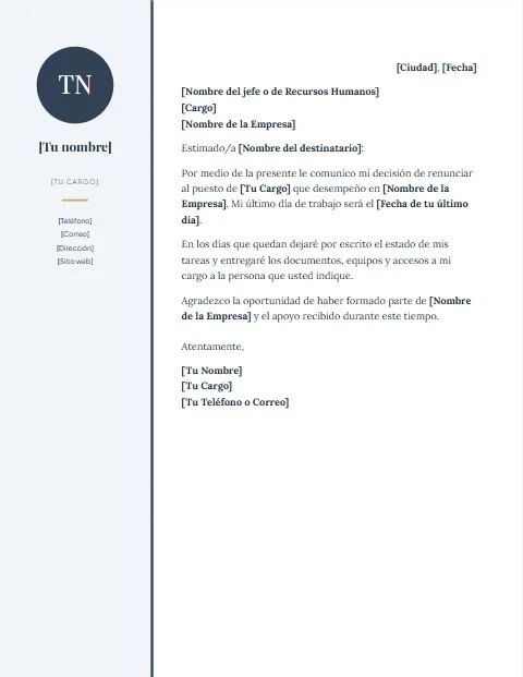 Carta de Renuncia Laboral: diseño Lateral