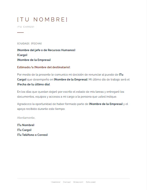 Formato de carta de renuncia laboral para descargar en Word