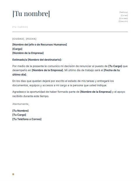 Carta de Renuncia Laboral: diseño Nombre grande