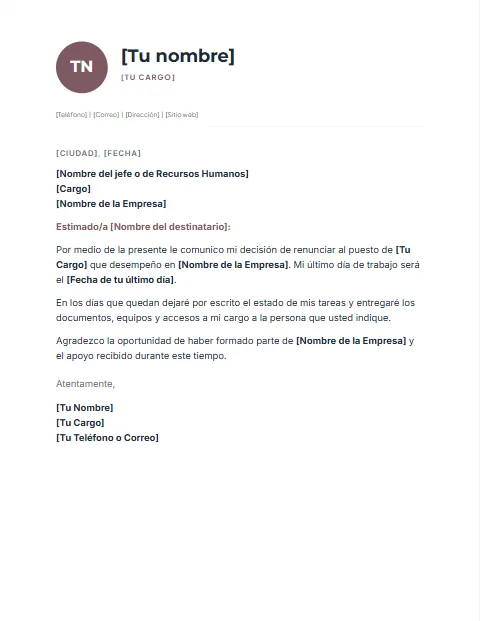 Carta de Renuncia Laboral: diseño Perfil