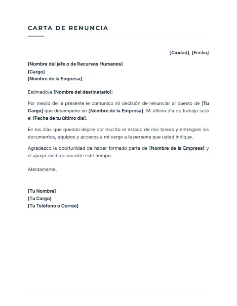 Carta de Renuncia Laboral: diseño Sobrio