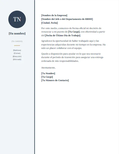 Formato de Carta de Renuncia: diseño Lateral