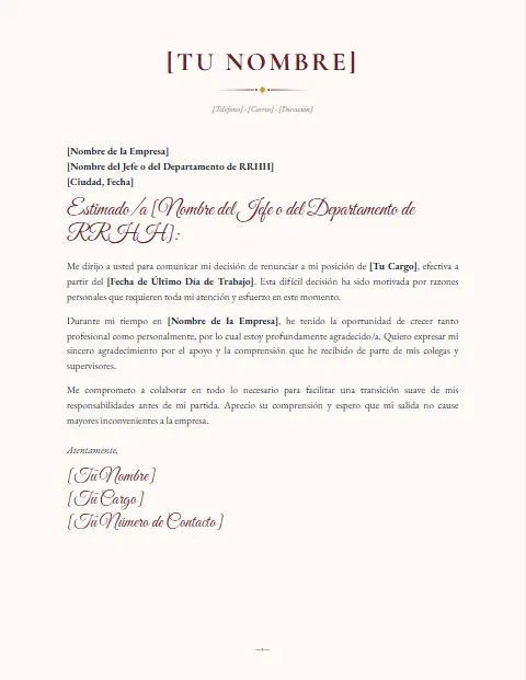 Carta de Renuncia por Motivos Personales: diseño Elegante