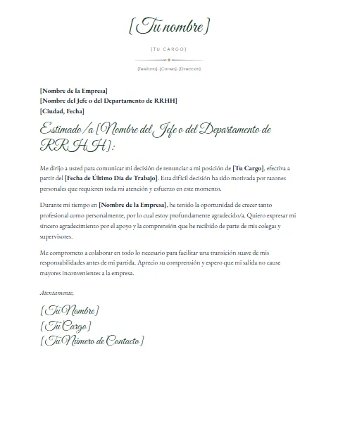 Carta de Renuncia por Motivos Personales: diseño Nombre en firma