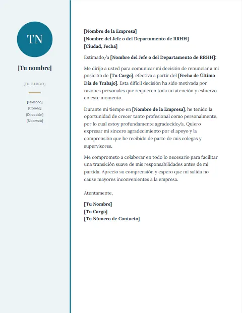 Carta de Renuncia por Motivos Personales: diseño Lateral