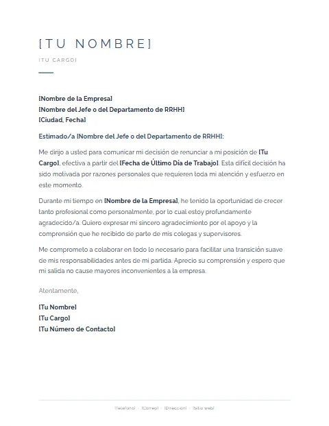 Carta de Renuncia por Motivos Personales: diseño Minimalista