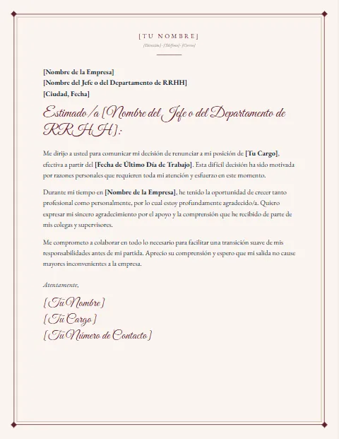 Carta de Renuncia por Motivos Personales: diseño Papel crema