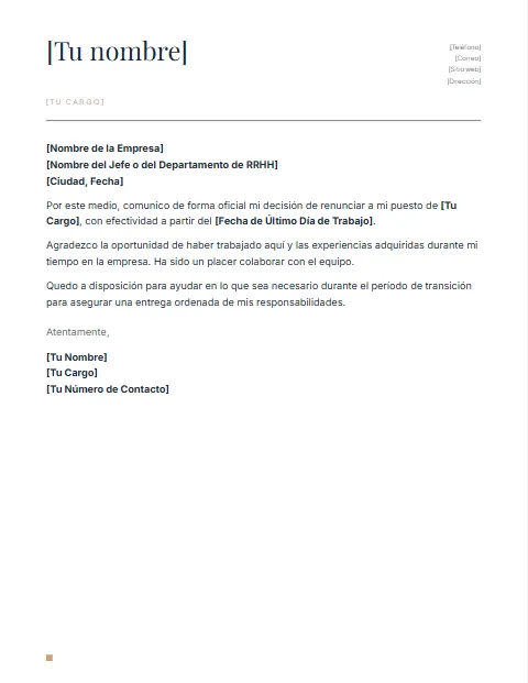 Formato de Carta de Renuncia: diseño Nombre grande