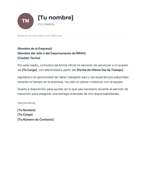 Formato de Carta de Renuncia: diseño Perfil