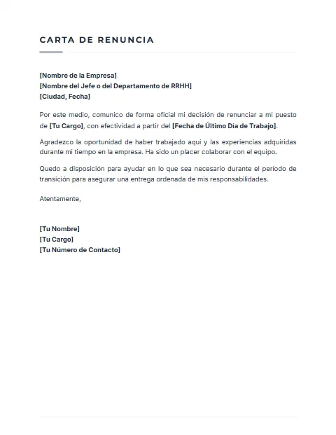Formato de Carta de Renuncia: diseño Sobrio