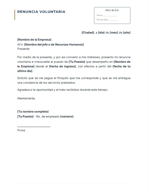 Carta de renuncia voluntaria, formatos para descargar en Word
