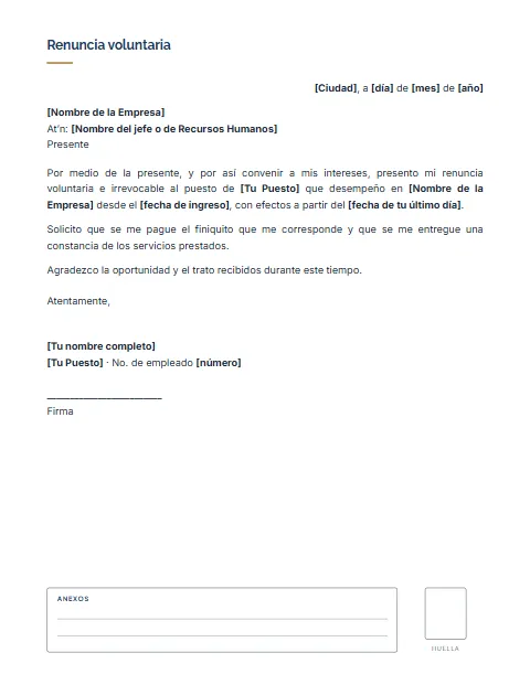 Carta de Renuncia Voluntaria: diseño Con anexos