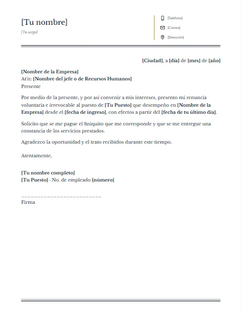 Carta de Renuncia Voluntaria: diseño Columnas